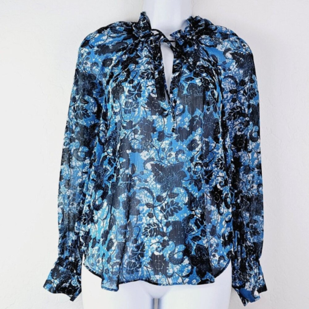 Anthropologie Blue Floral Chiffon Blouse Size XS